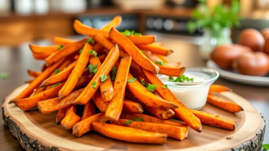 Crispy baked Sweet Potato Fries on a rustic board with dipping sauce and fresh herbs.
